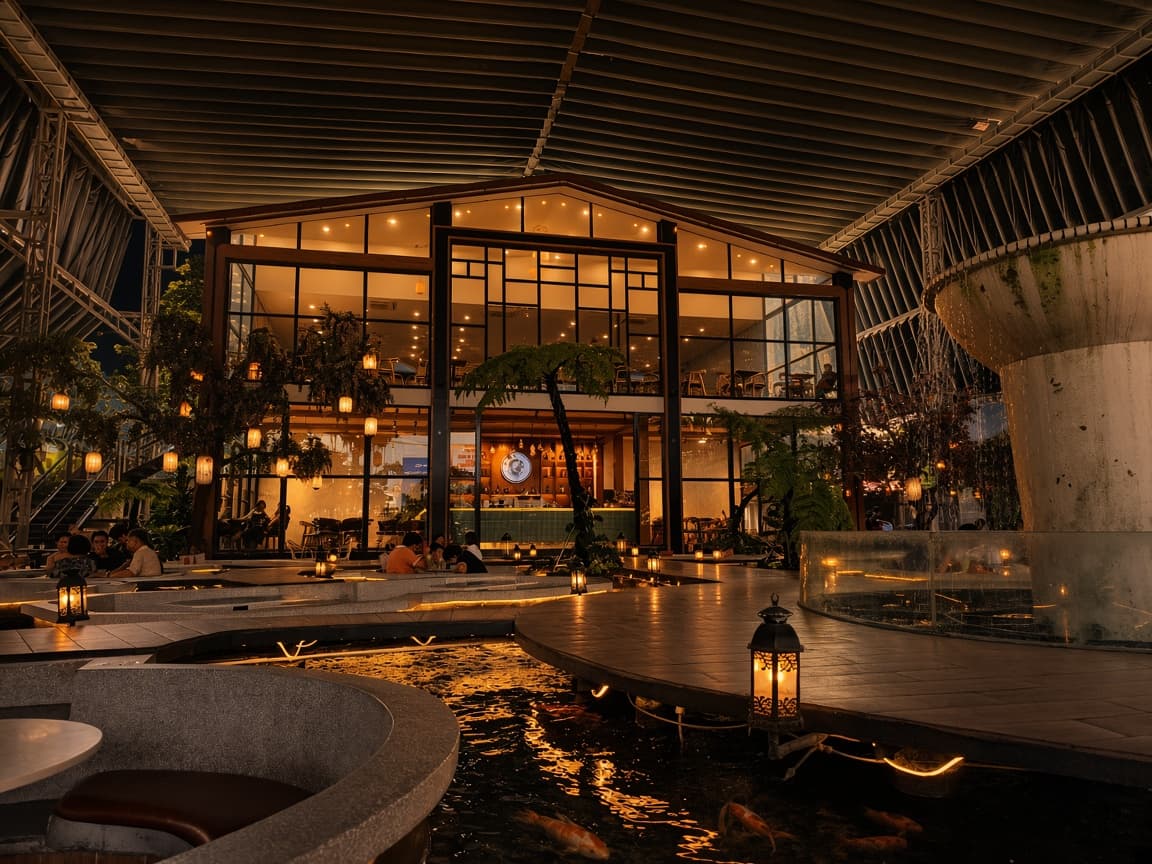 King Koi glass café at night