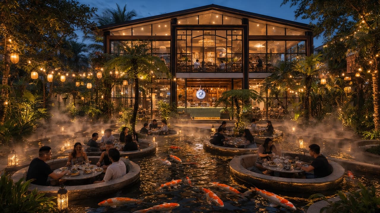 King Koi pond and glass café at night
